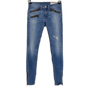 Rag & Bone Skinny Moto Jeans Medium Wash Zip Ankle Distressed Denim